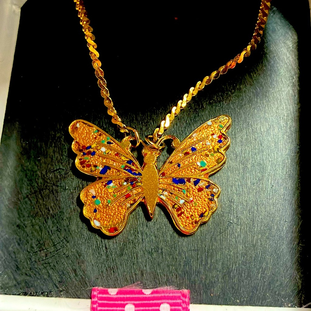 Mignonette Butterfly 14k Gold Multi-colored Pendant w/ Chain